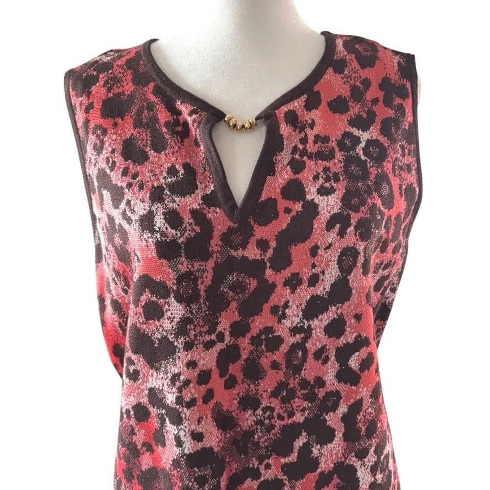 St‎ John Sport Knit Dress Size 14 Multi Leopard Print Knit VNeck Gold Detail NWT